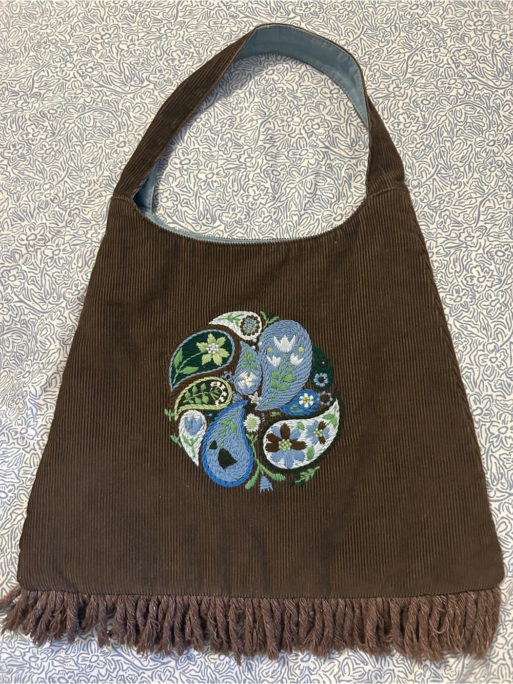 Brown Corduroy Small Tote Purse with Blue Floral Embroidery